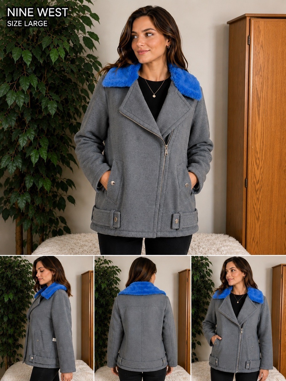 Nine West Gray Moto Jacket With Blue Faux Fur Collar Size Large
